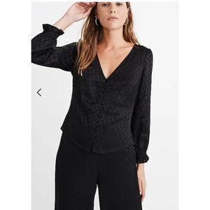 Madewell Woven Dot Black Smocked-Sleeve Daylight Top - Size 16